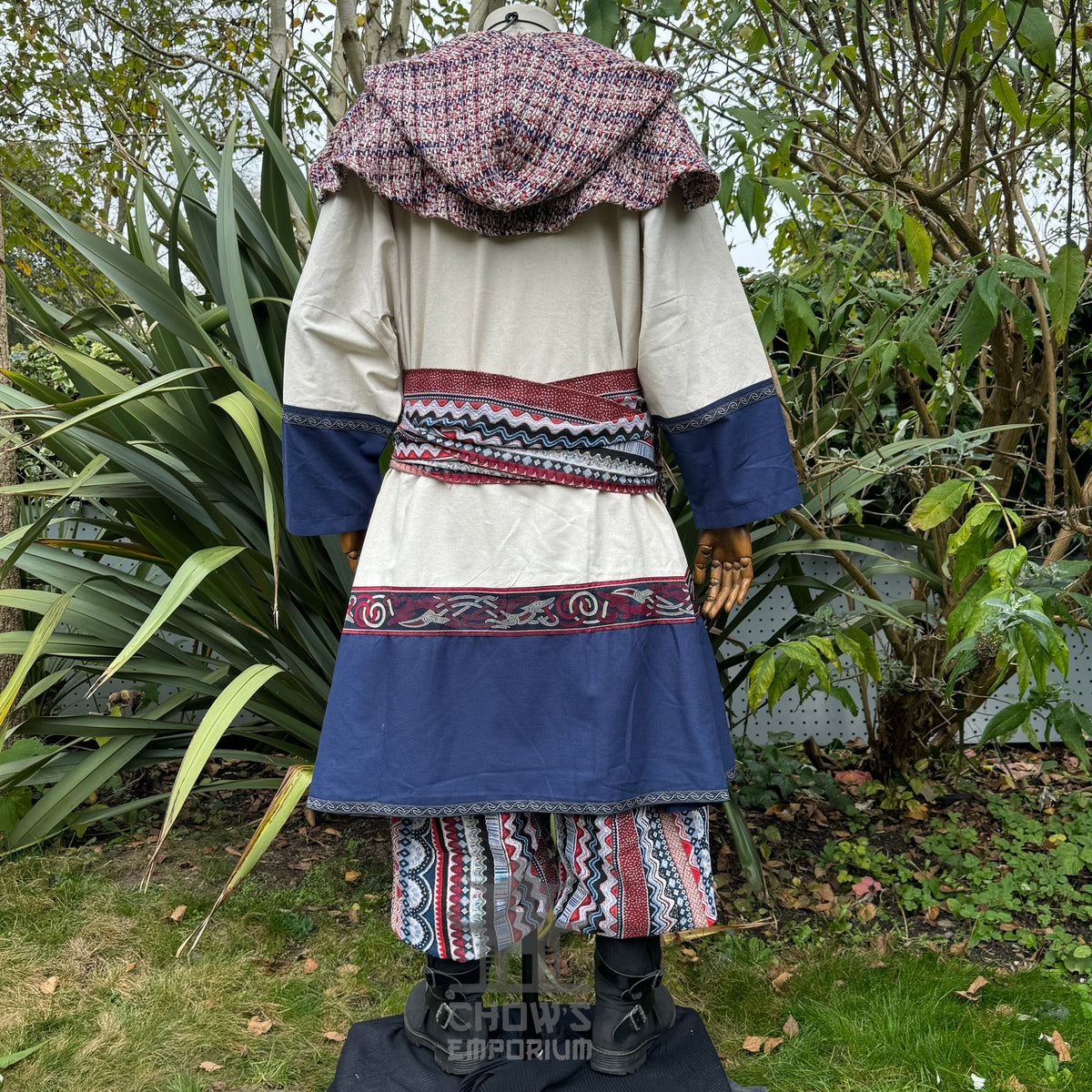 Champion Archer Set in LARP style, back view of tunic, sash, hood, and pants.