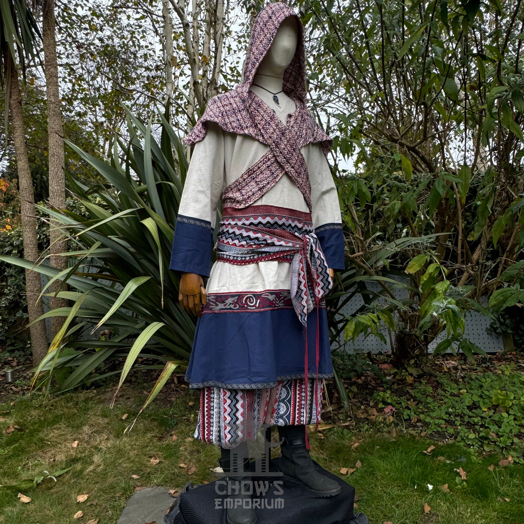 LARP archer set with tunic, hood, pants, sash, necklace, medieval style.