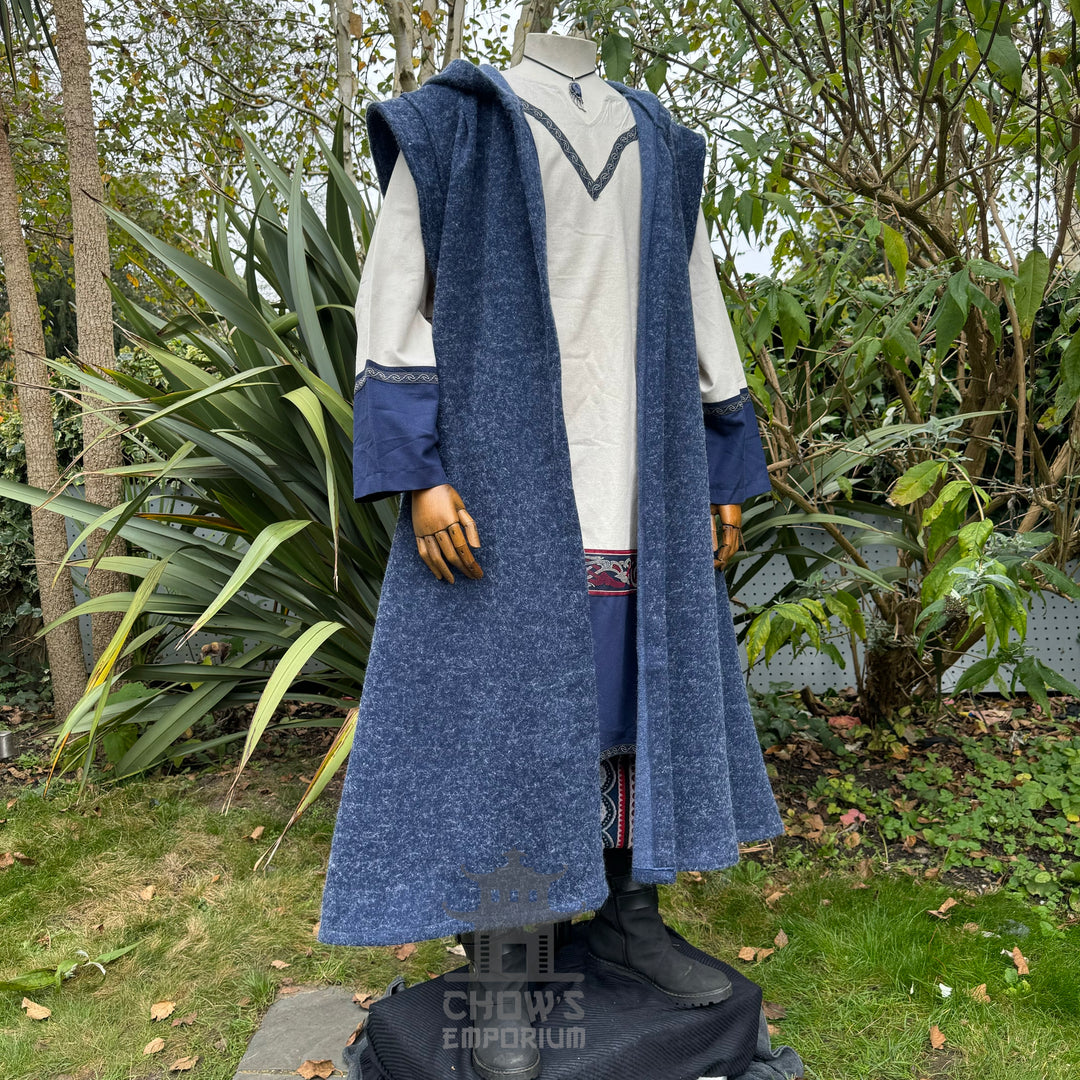 Blue hooded sleeveless robe for LARP, full front view, textured fabric.
