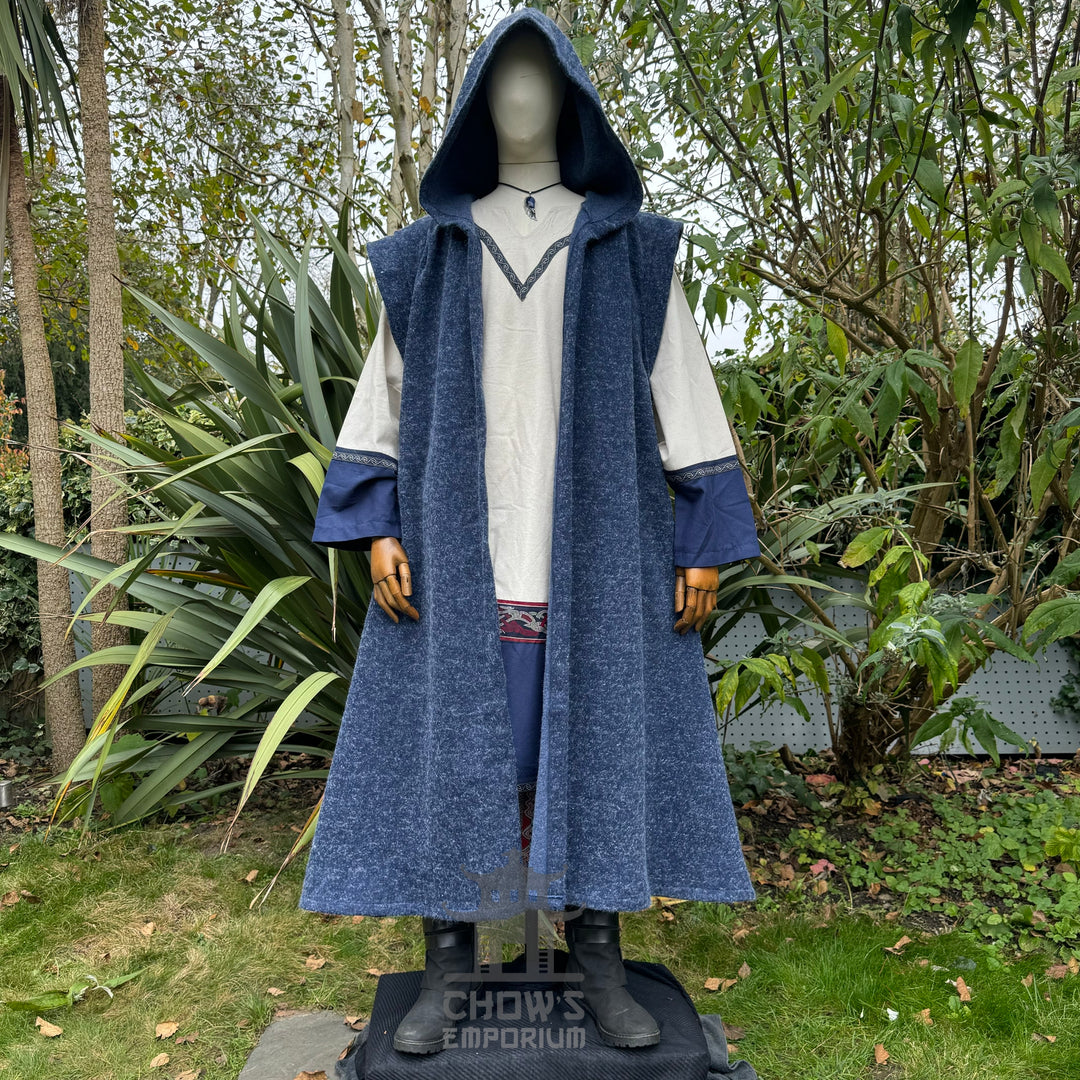 Sleeveless Blue Hooded Wool Mix Robe for LARP.