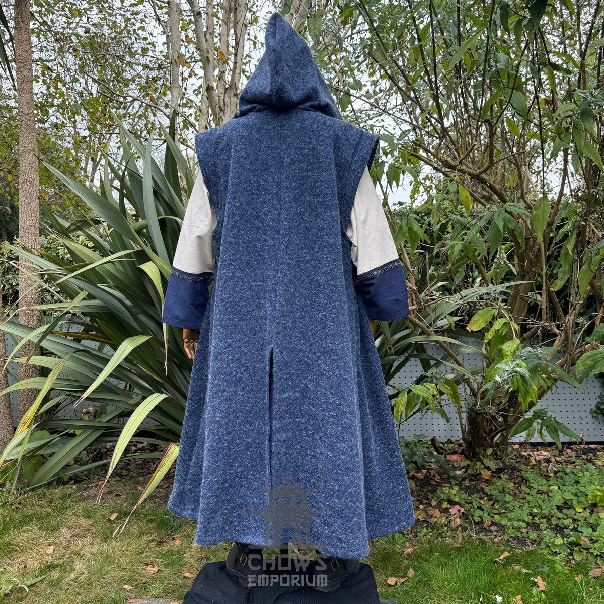 Blue hooded sleeveless robe for LARP, viewed from the back.