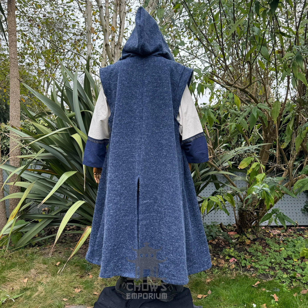 Blue hooded sleeveless robe for LARP, viewed from the back.