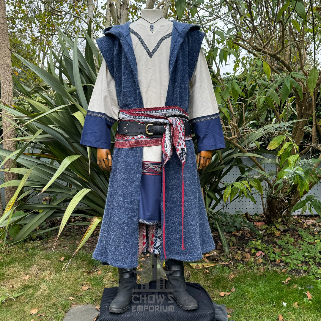 Blue LARP robe set with tunic, trousers, belt, sash, and necklace.