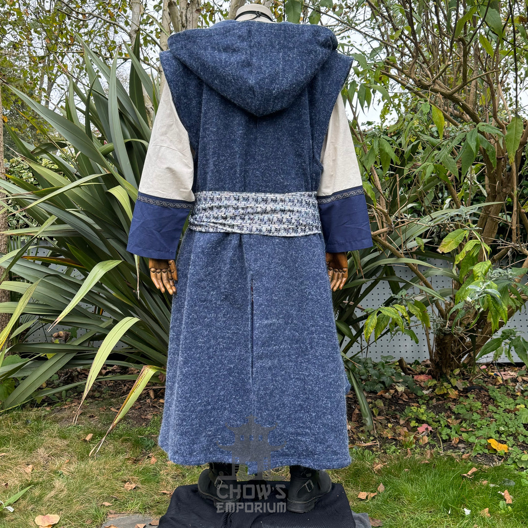 Blue hooded sleeveless robe, back view, medieval style for LARP events.
