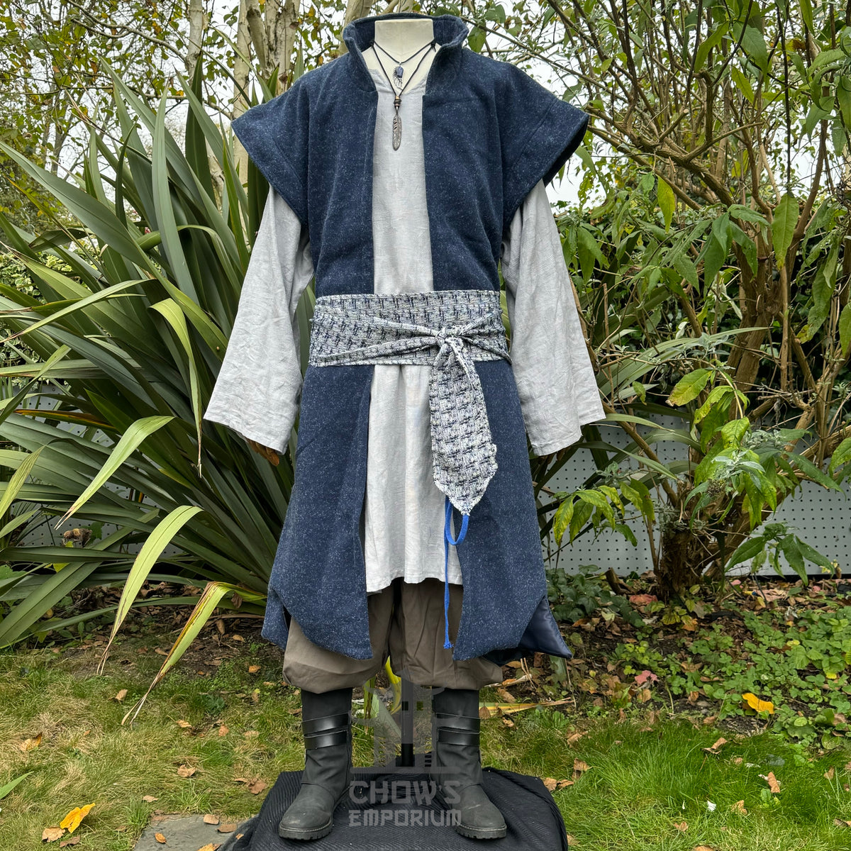 Elven waistcoat, grey tunic, patterned belt, front view, medieval LARP attire.