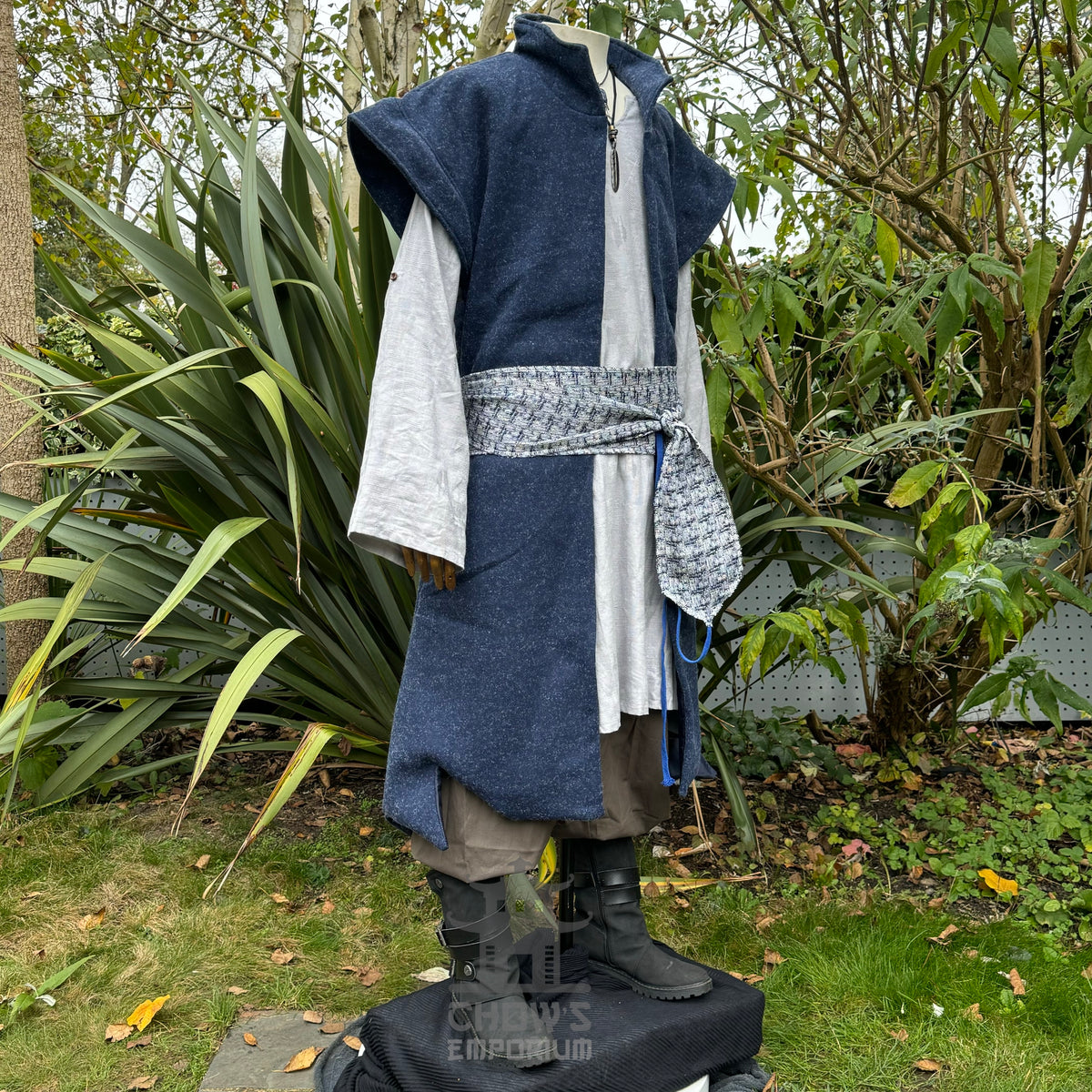 Navy and grey Elven LARP outfit with waistcoat, tunic, and sash.