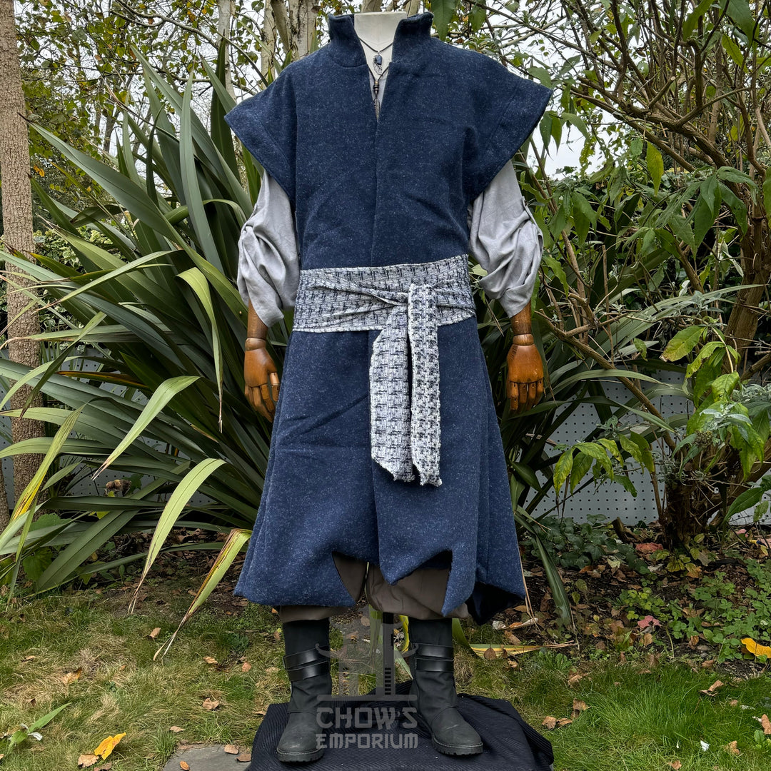 Full-length blue wool elven LARP waistcoat, authentic medieval fantasy cosplay costume for.