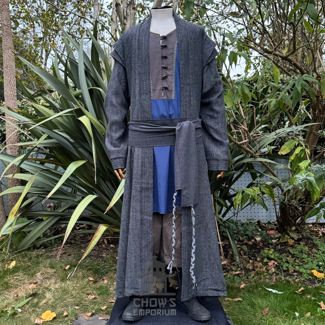 Medieval LARP outfit with grey robe, blue underlayer, styled.