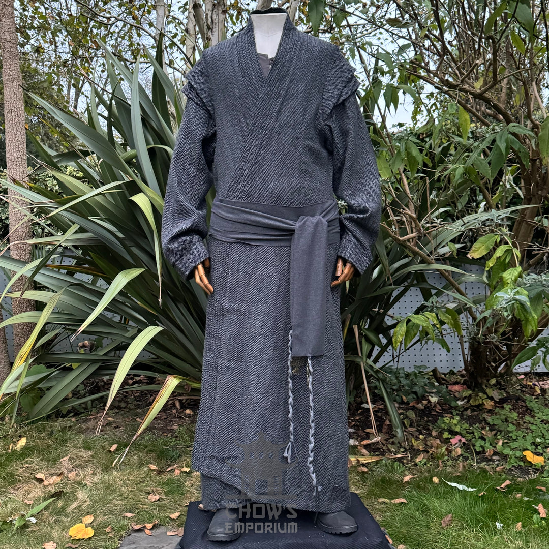 Dark grey LARP sorcerer outfit with robe, belt, and sash.