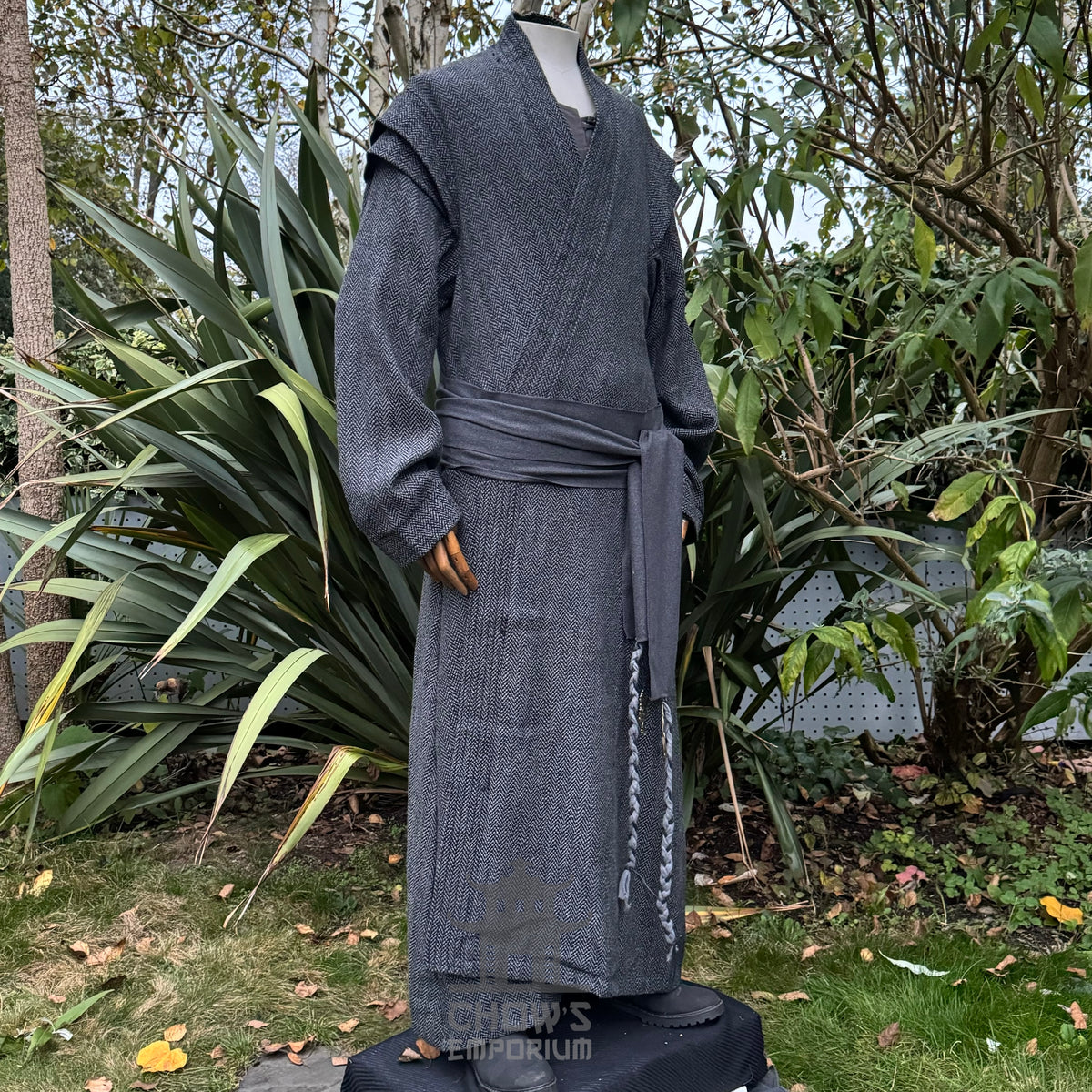 Mystic Sorcerer LARP outfit with grey robe, belt, and sash.