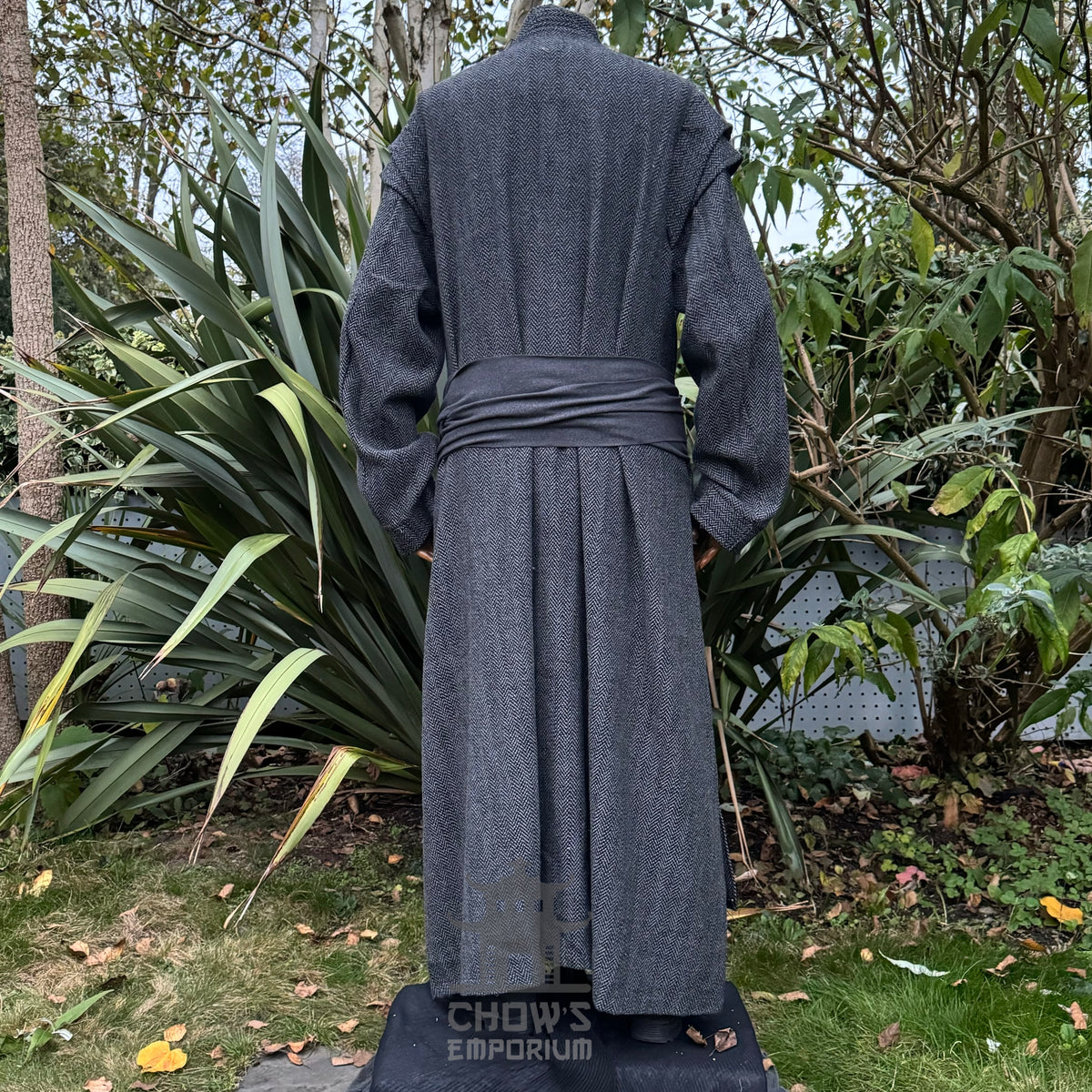 Dark grey medieval LARP robe with belt and sash, back view, textured fabric.