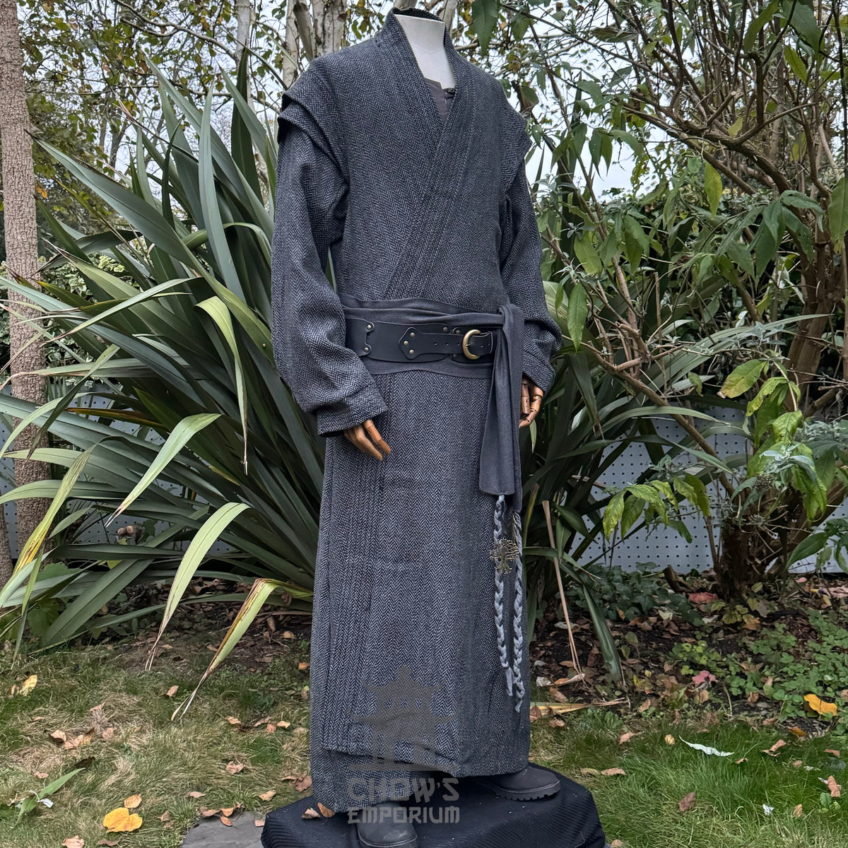 Medieval LARP costume front view, featuring grey robe and detailed belt.