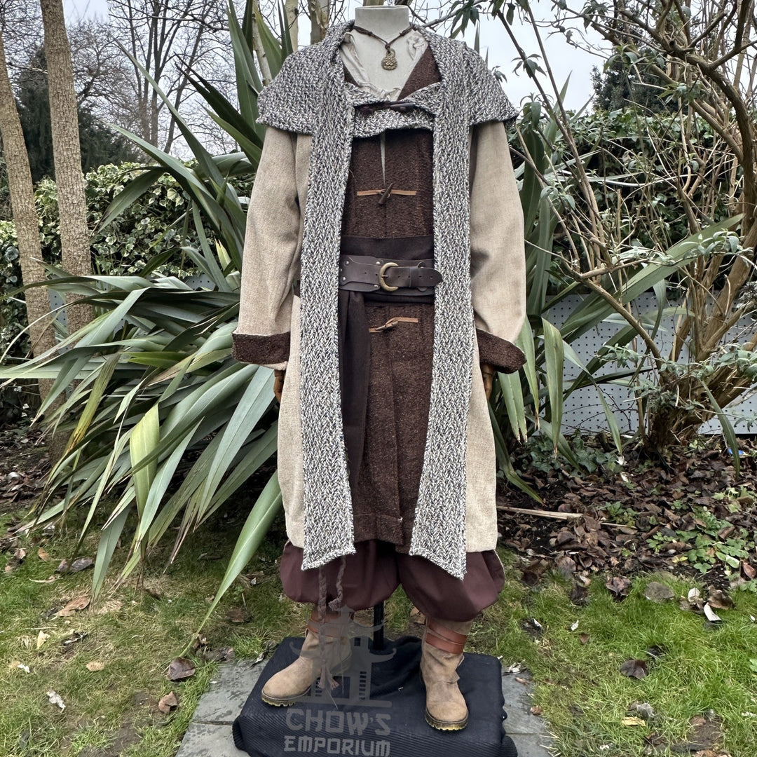 Brown, beige, and black wool scarf hood for medieval LARP costume.
