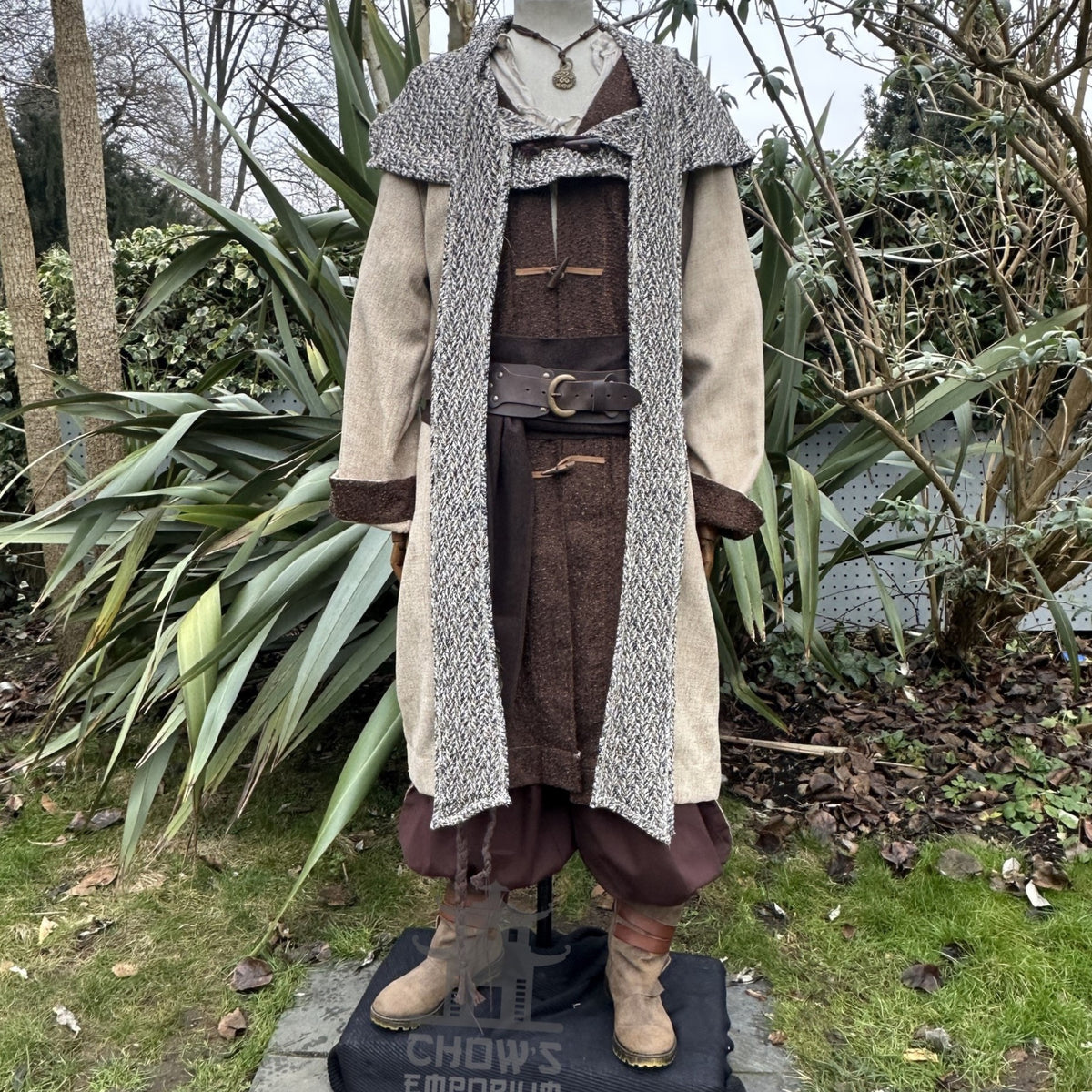 Medieval LARP outfit front view, featuring a two tone jacket, hood and trousers.