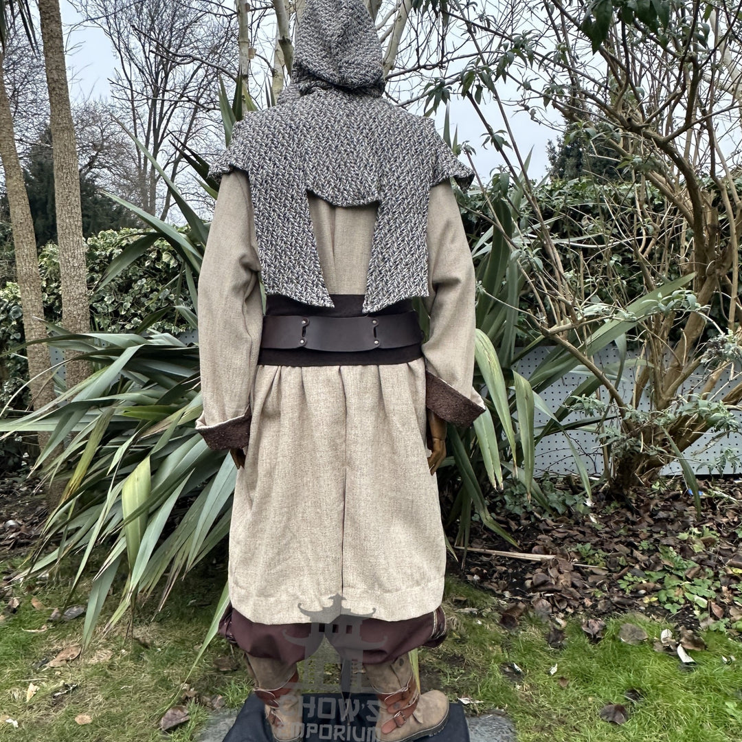Back view of LARP set with beige jacket, grey hood, brown trousers.