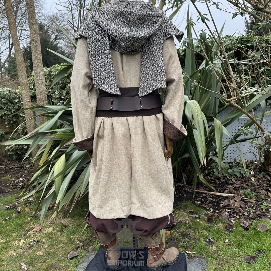 Medieval LARP outfit back view, featuring a two tone jacket, hood and trousers.