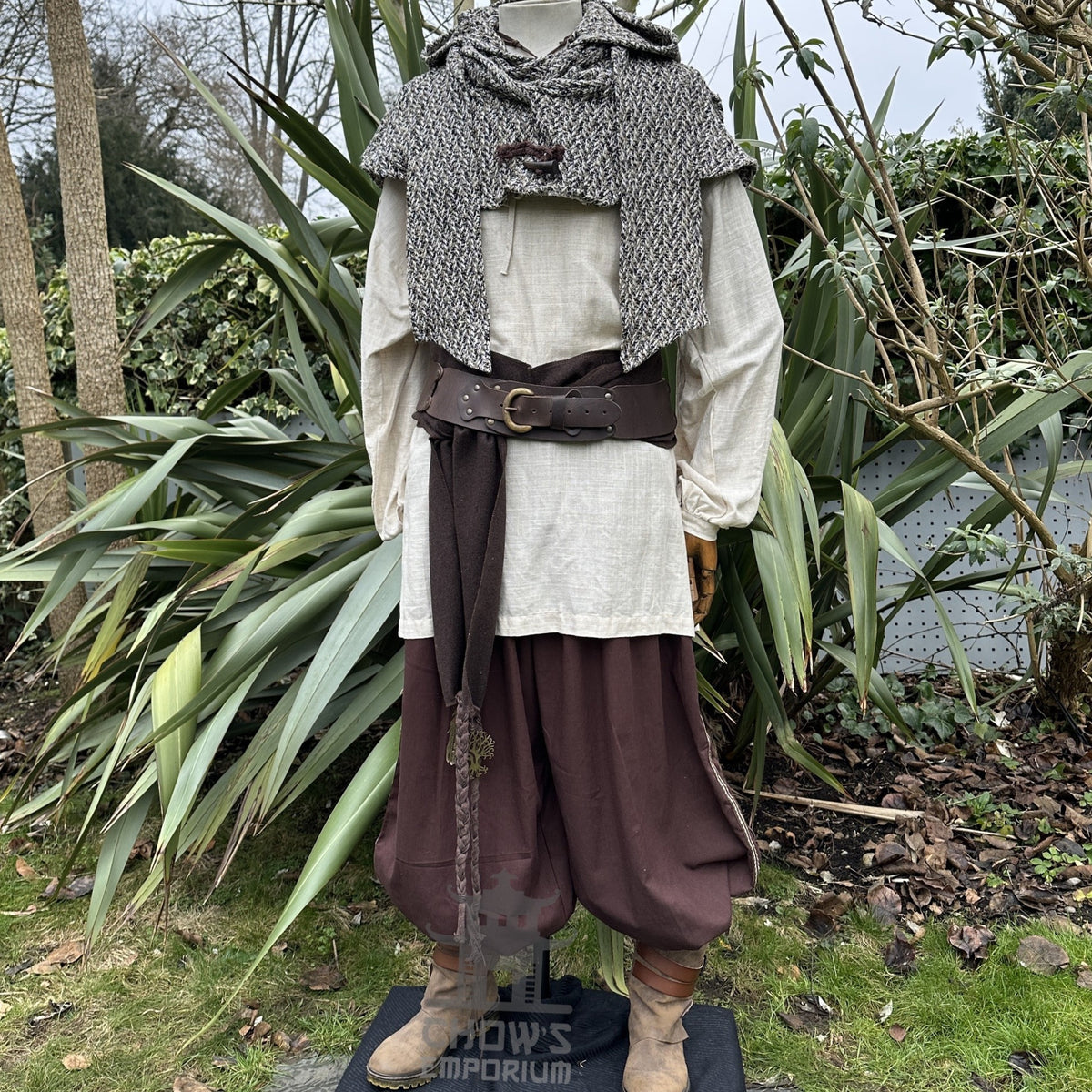 Wool hood with tie detail on mannequin for medieval LARP outfit.
