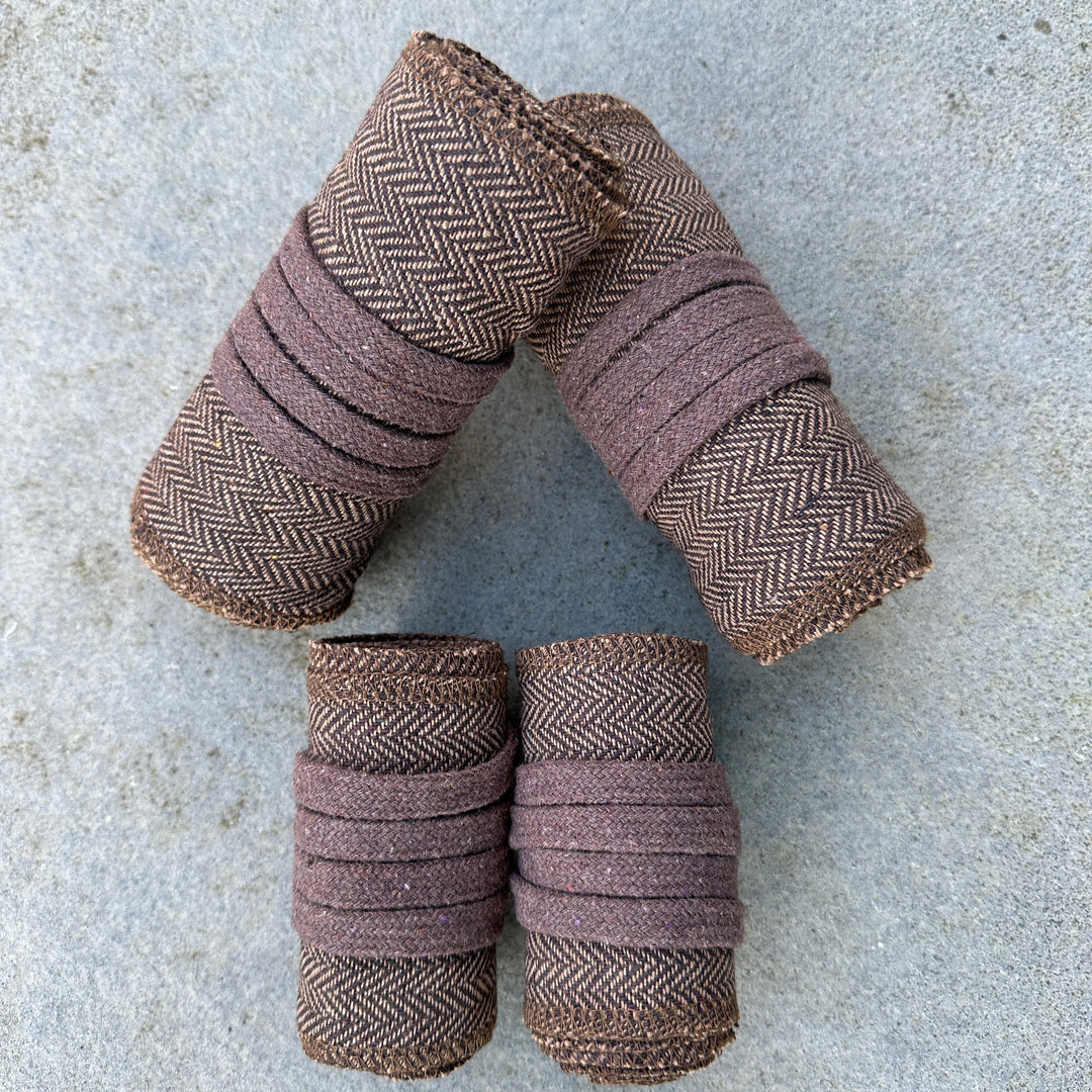 Dark brown herringbone wool wraps for LARP, angled view, folded neatly.