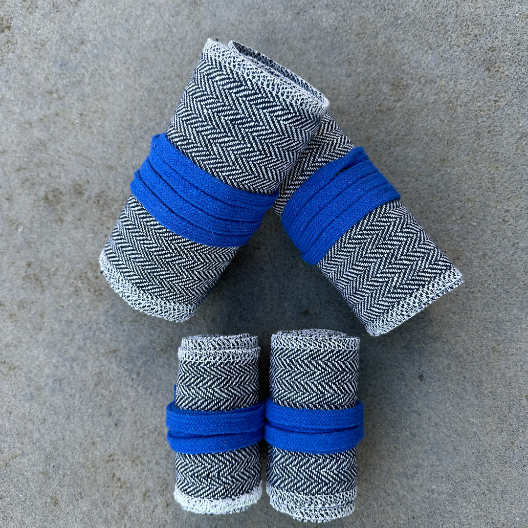 Blue and white herringbone wool wraps for LARP, leg and arm set.