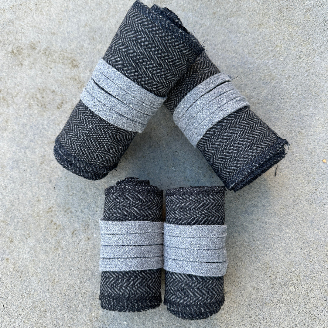 Grey and black herringbone wool wraps for LARP or medieval costume.