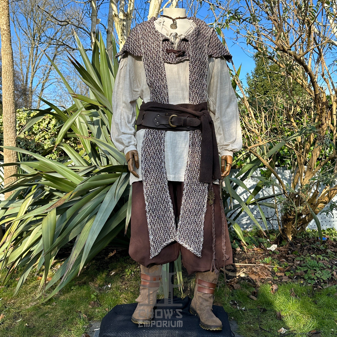 Medieval-style maroon, beige, and black wool scarf hood for LARP outfit.