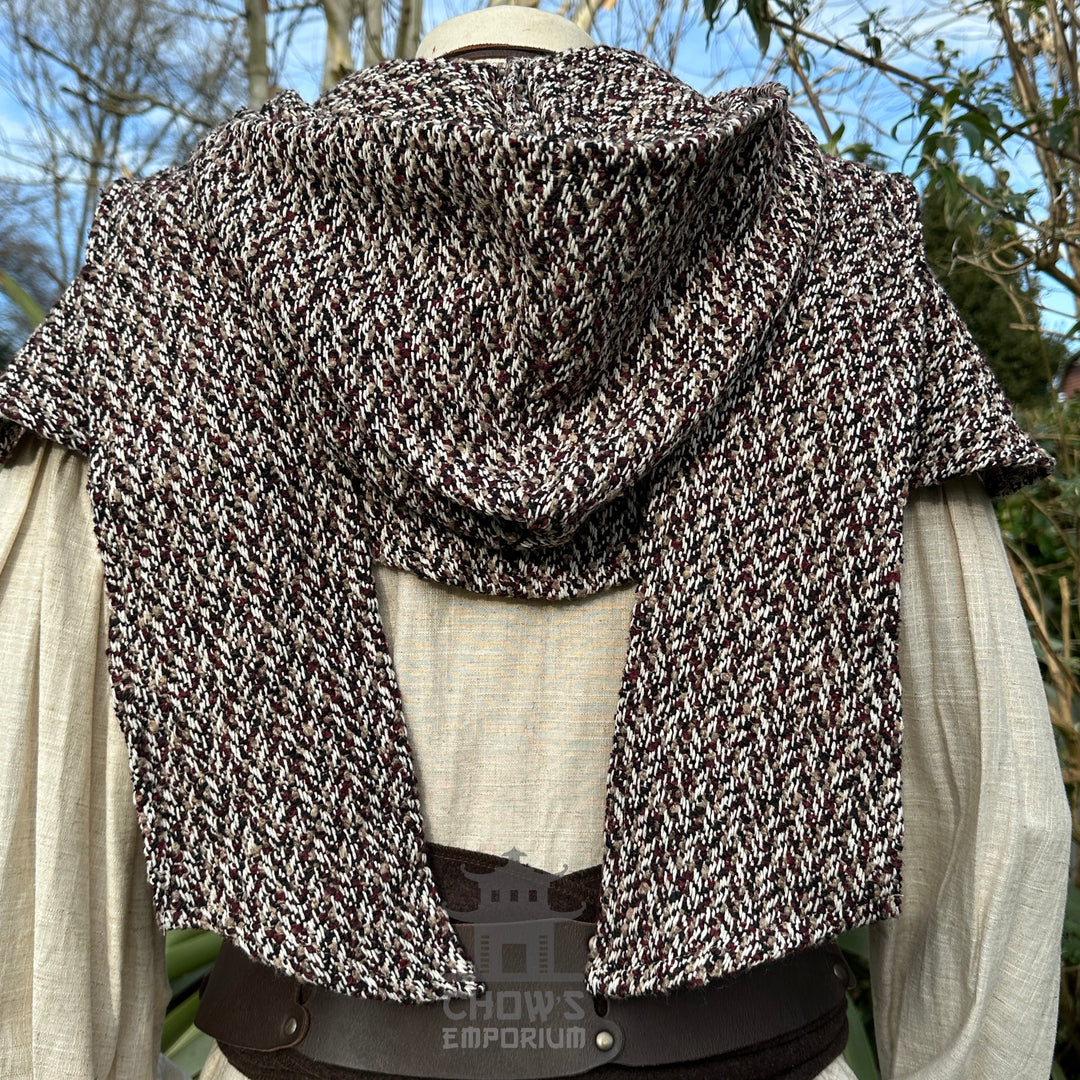 Back view of medieval hood in maroon, beige, black; LARP costume style.