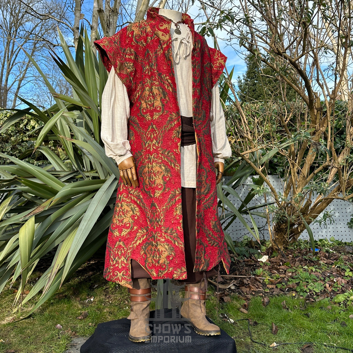 Medieval LARP crimson waistcoat, full length view.