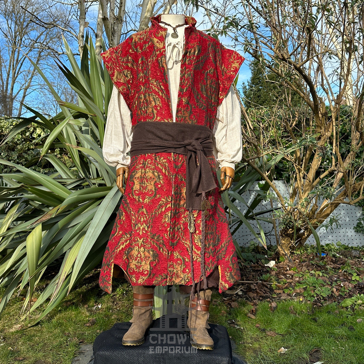 Mannequin in red and gold waistcoat with brown sash for LARP.