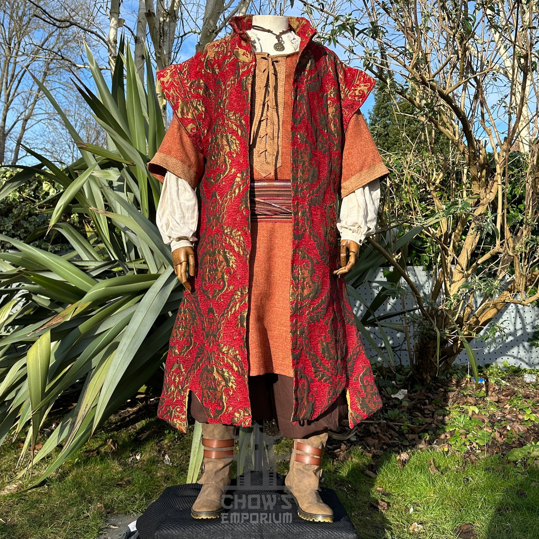 Rear view of crimson and gold medieval waistcoat for LARP.
