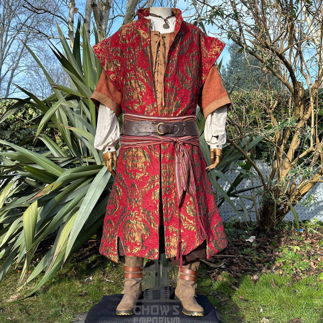 Crimson LARP medieval costume set, intricate cloak and tunic.