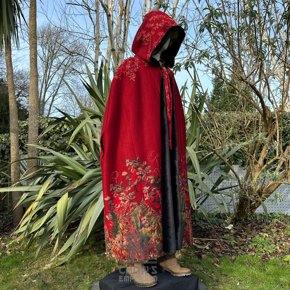 Crimson LARP cloak with hood, floral embroidery, medieval.