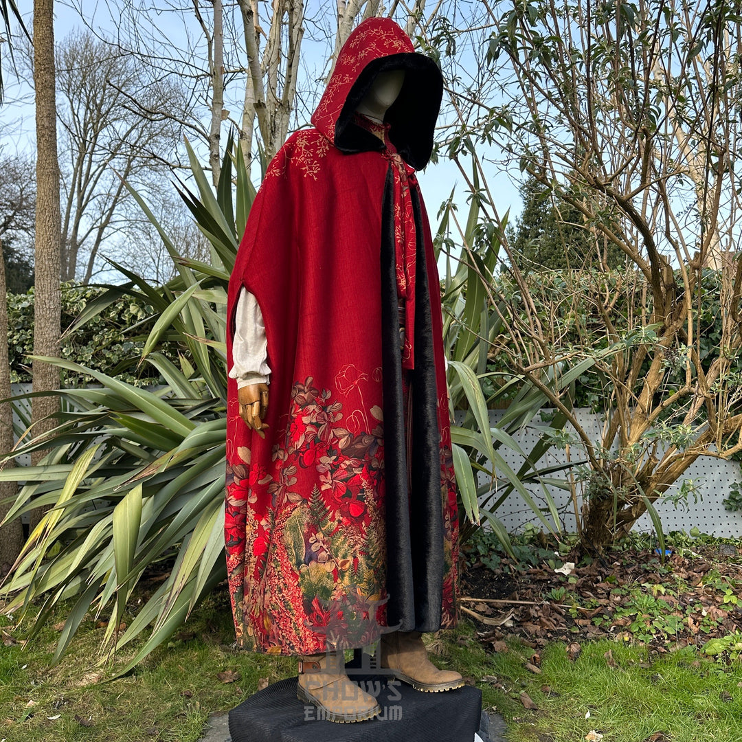Crimson fur-lined cloak with ornate floral embroidery, hooded LARP attire.