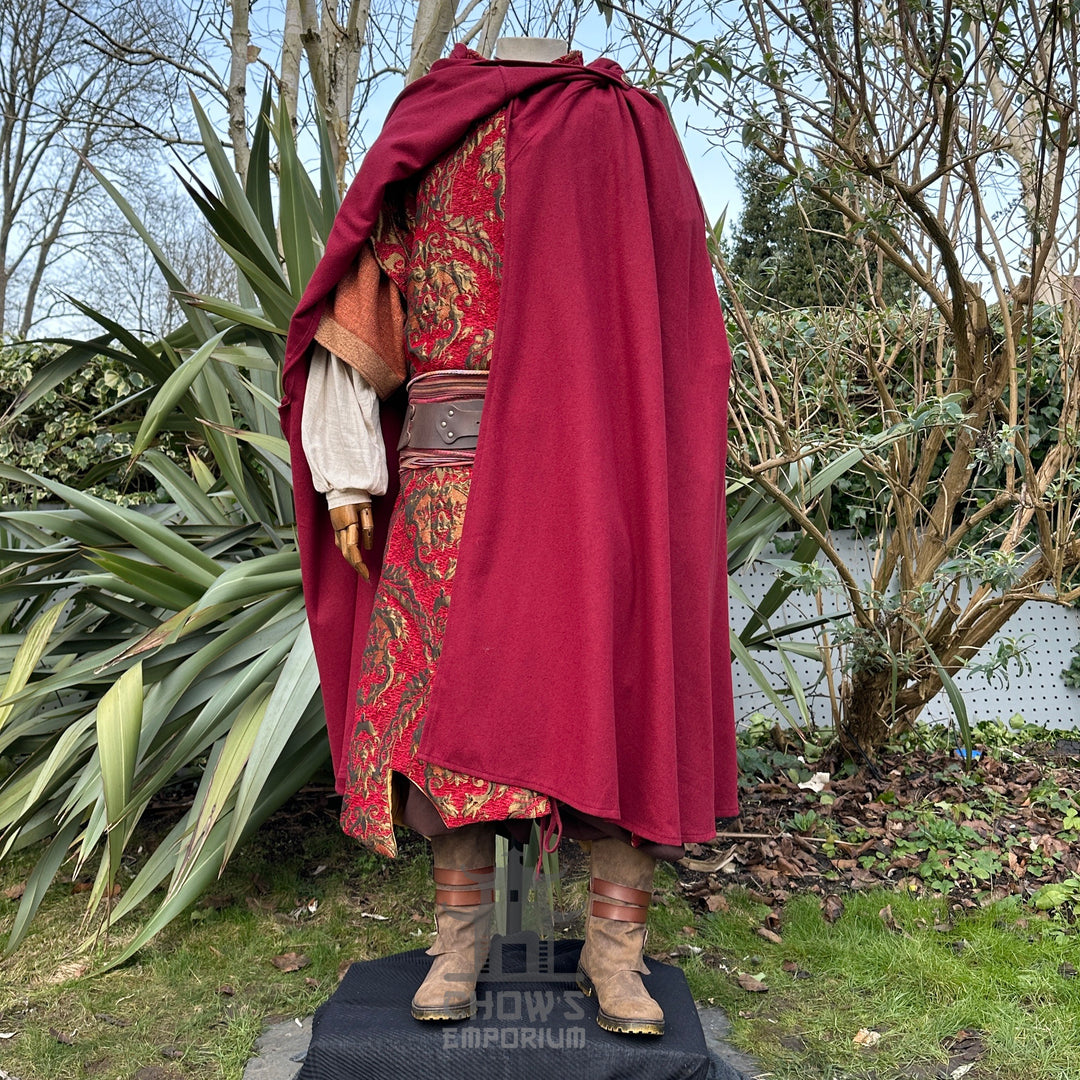 LARP medieval outfit with crimson cloak and ornate tunic.