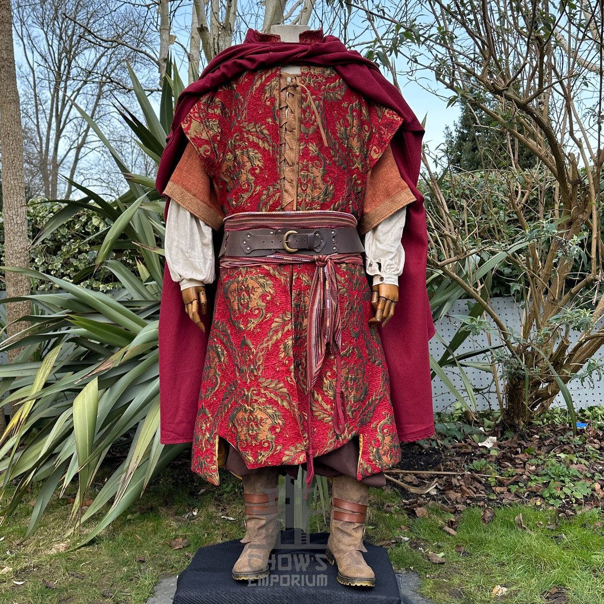 Crimson LARP medieval costume set, intricate cloak and tunic.