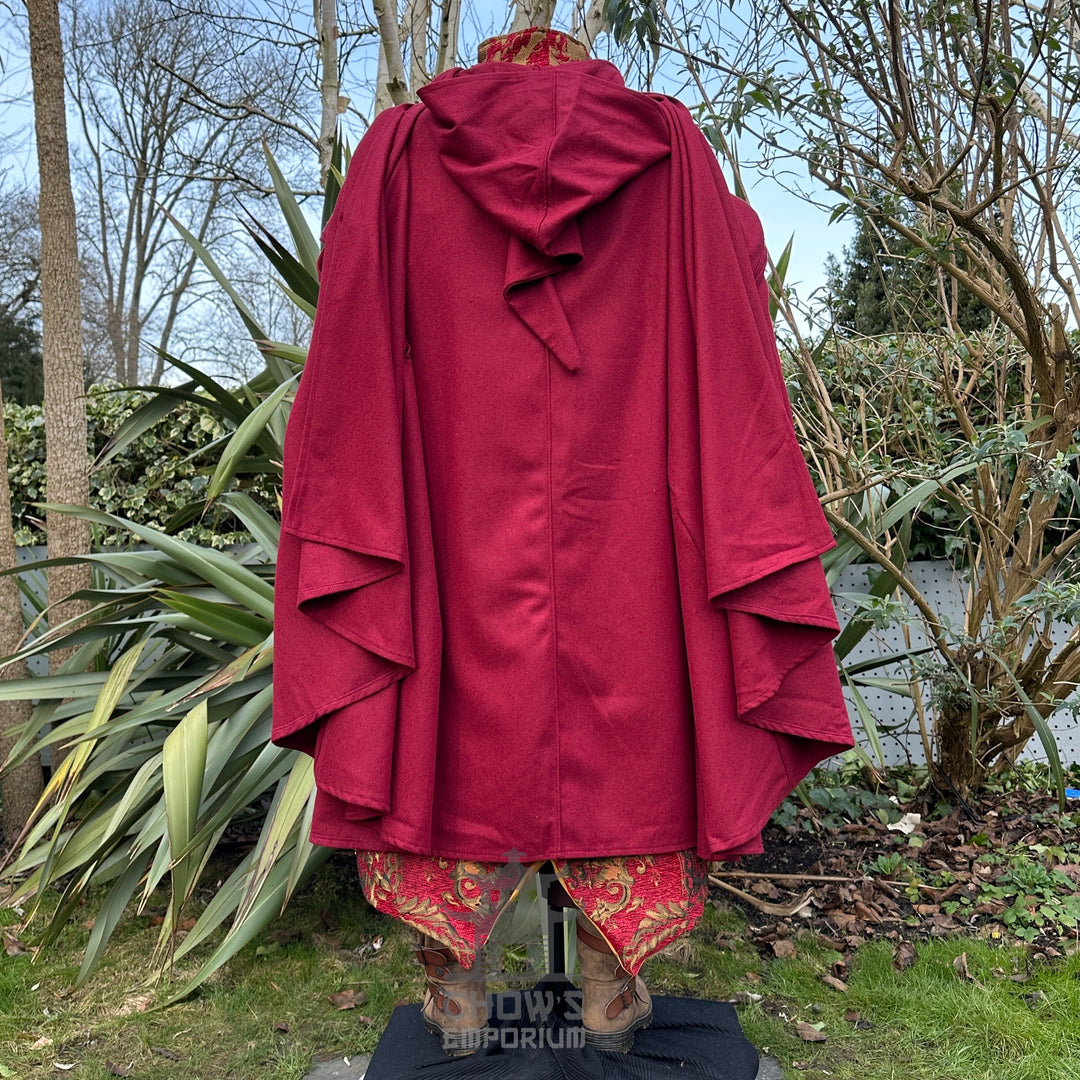 Crimson LARP medieval cloak, rear view, layered sleeves.