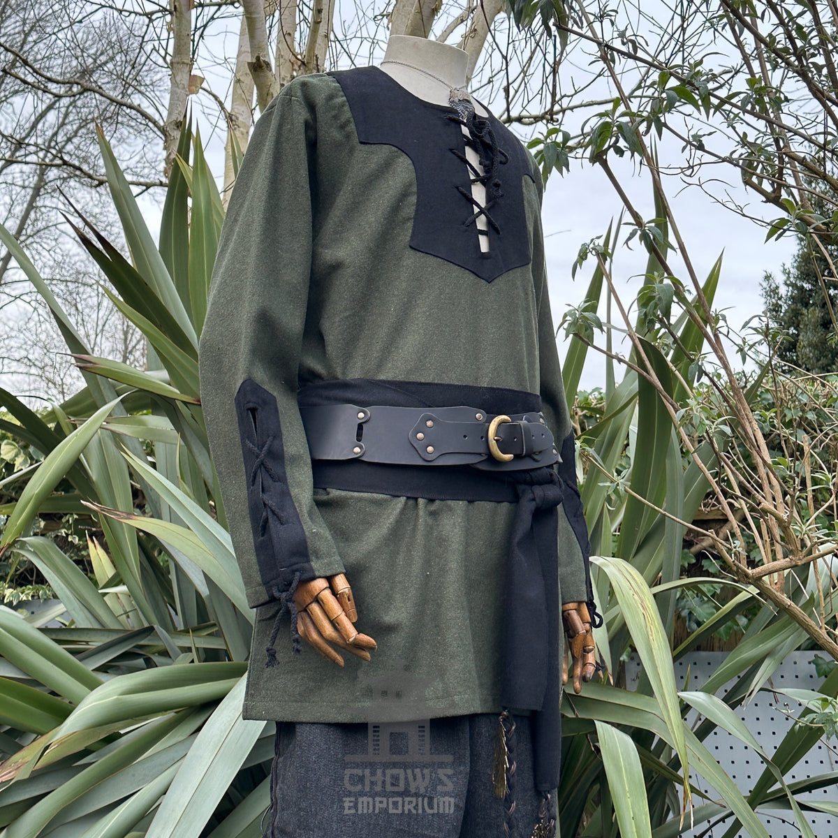 two-tone wool Viking shirt in green and black for medieval costume.