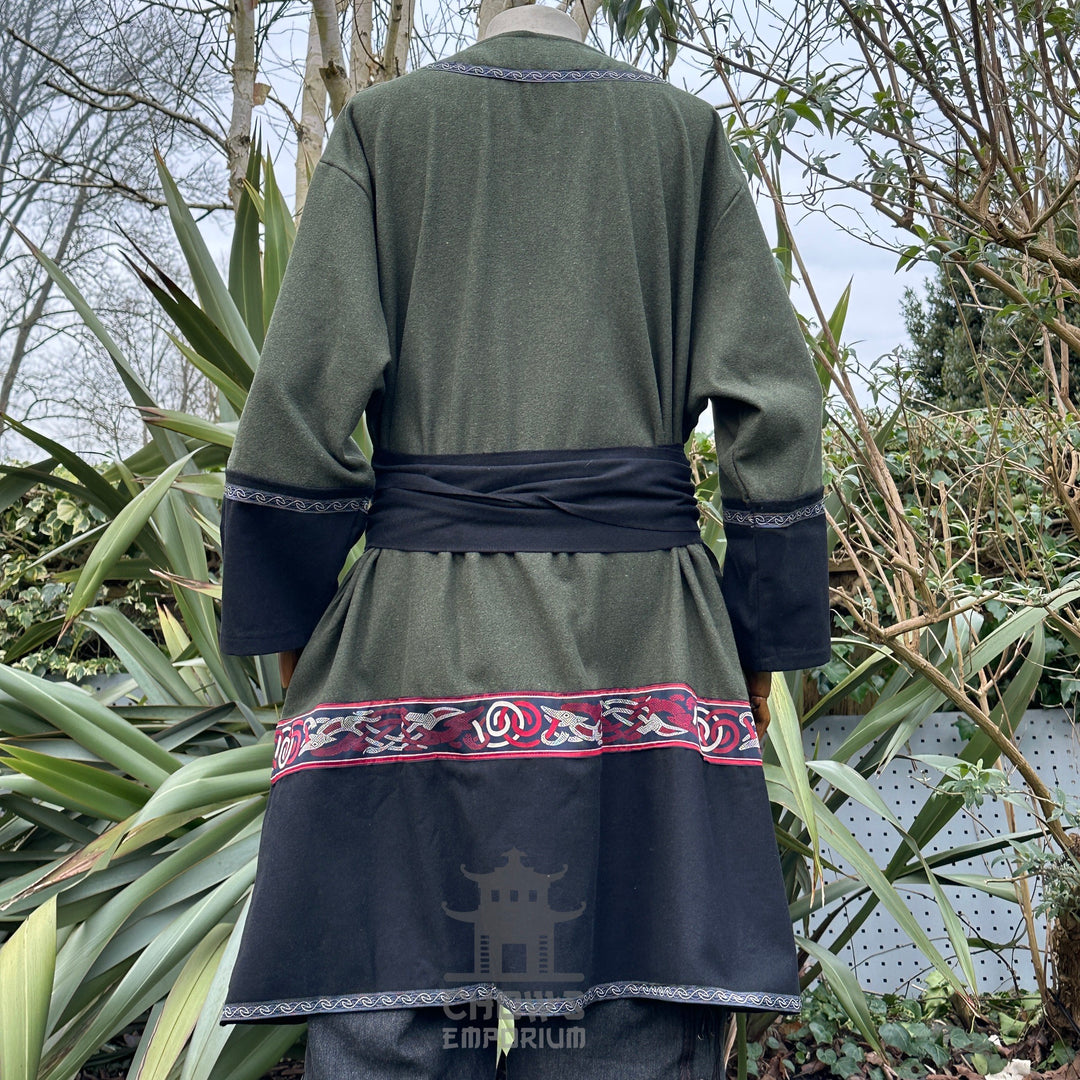 wool Viking tunic in green black for medieval costume.