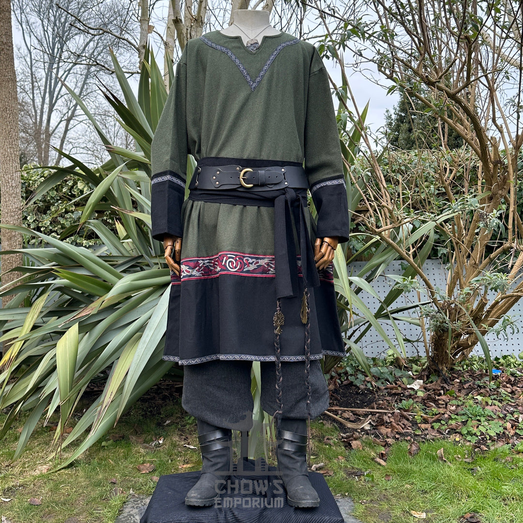 Green and black wool Viking tunic for LARP and medieval events.