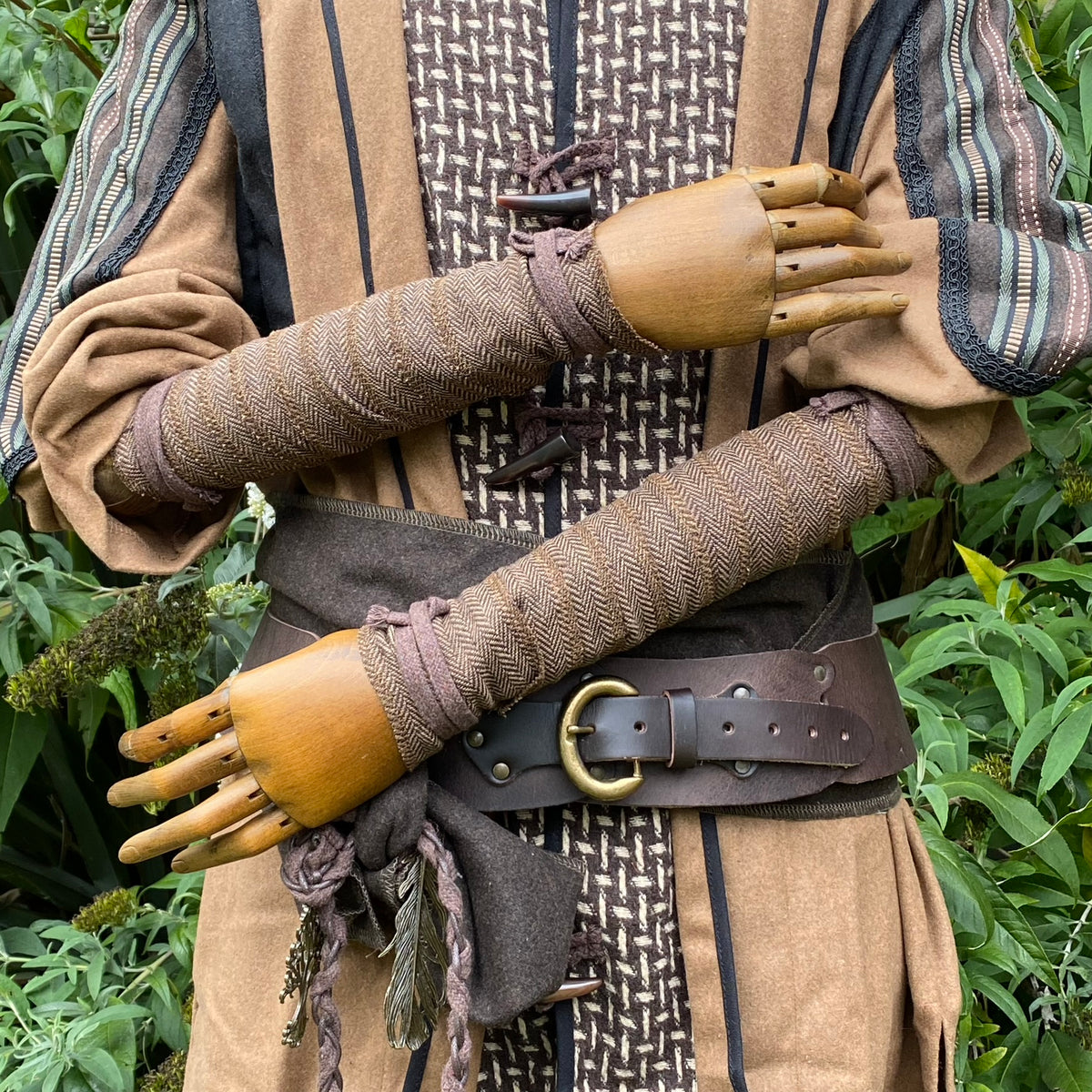 Dark brown herringbone wool leg and arm wrap set for LARP or medieval wear.