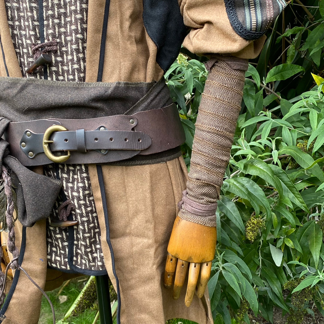 Dark brown herringbone wool arm wrap for medieval LARP costume, side view.