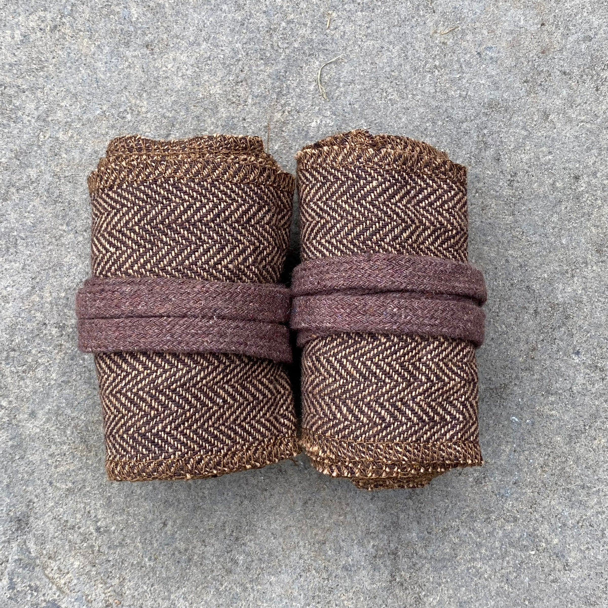 Dark brown herringbone wool wraps for LARP, medieval leg and arm use.