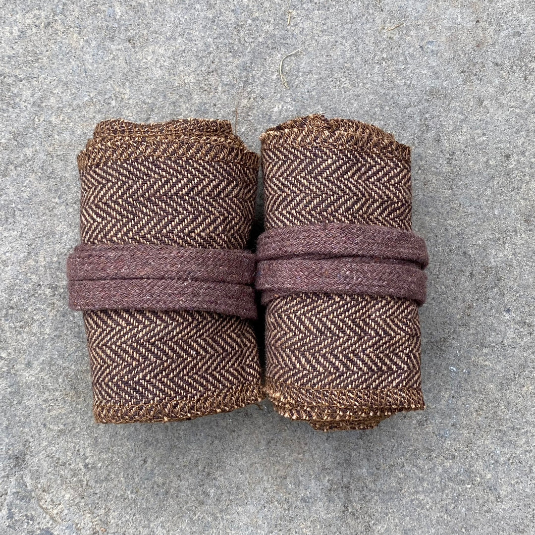 Dark brown herringbone wool wraps for LARP, medieval leg and arm use.