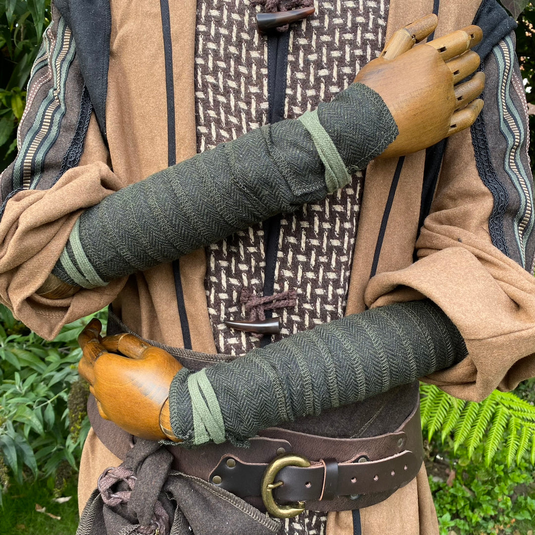 Arm detail of green herringbone wrap set for LARP medieval costume.
