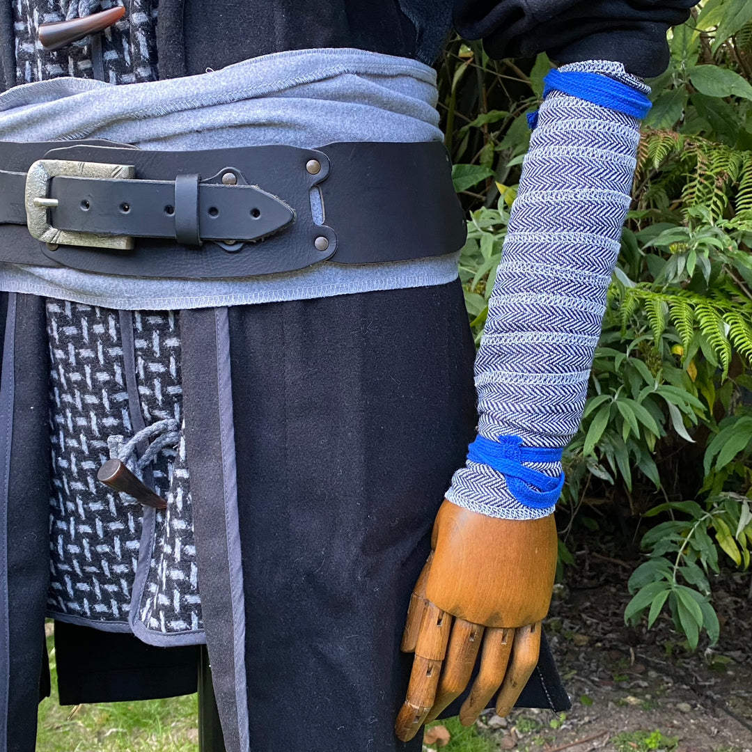 Blue and white herringbone wool arm wrap for LARP or medieval attire.