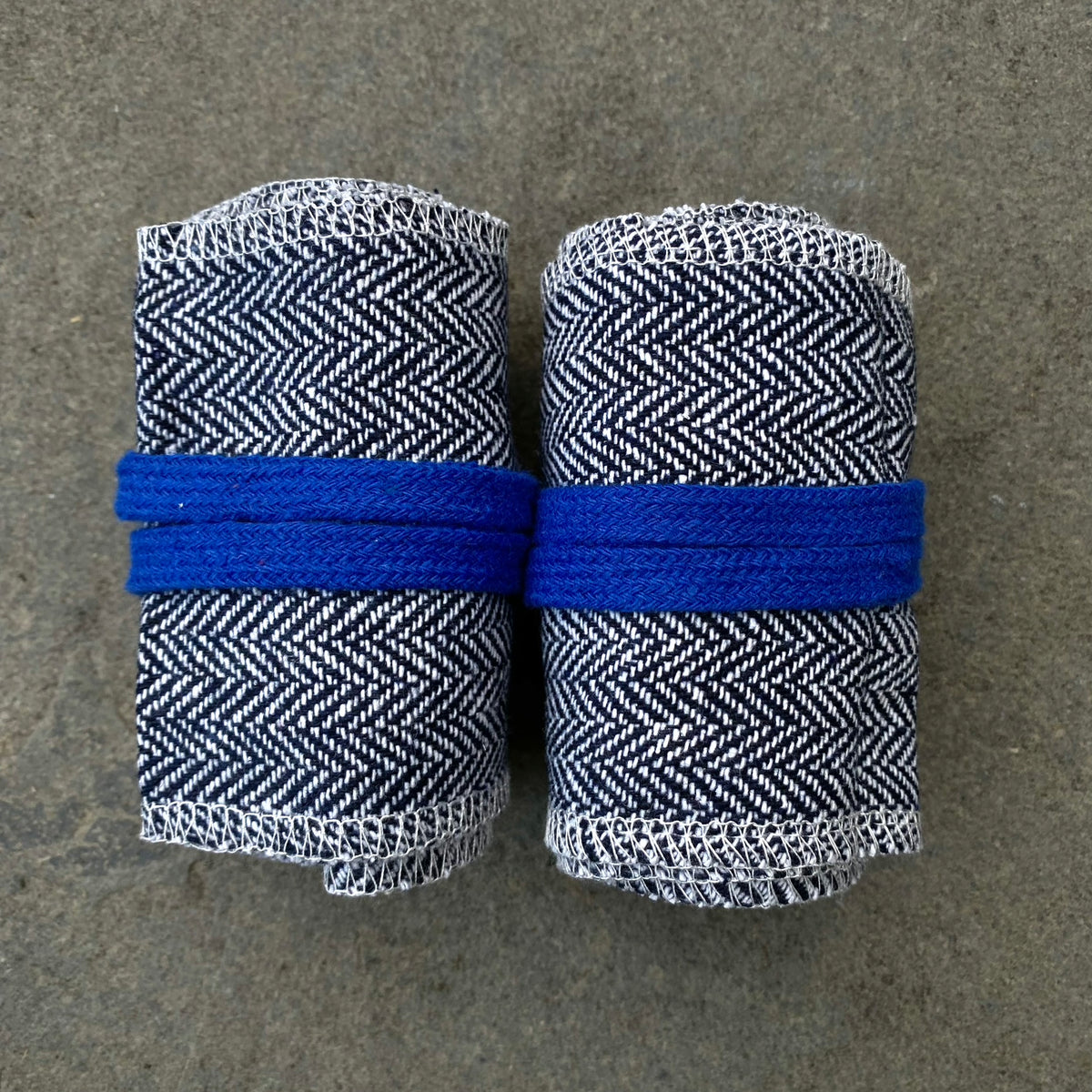 Blue and white herringbone wool wraps for LARP.