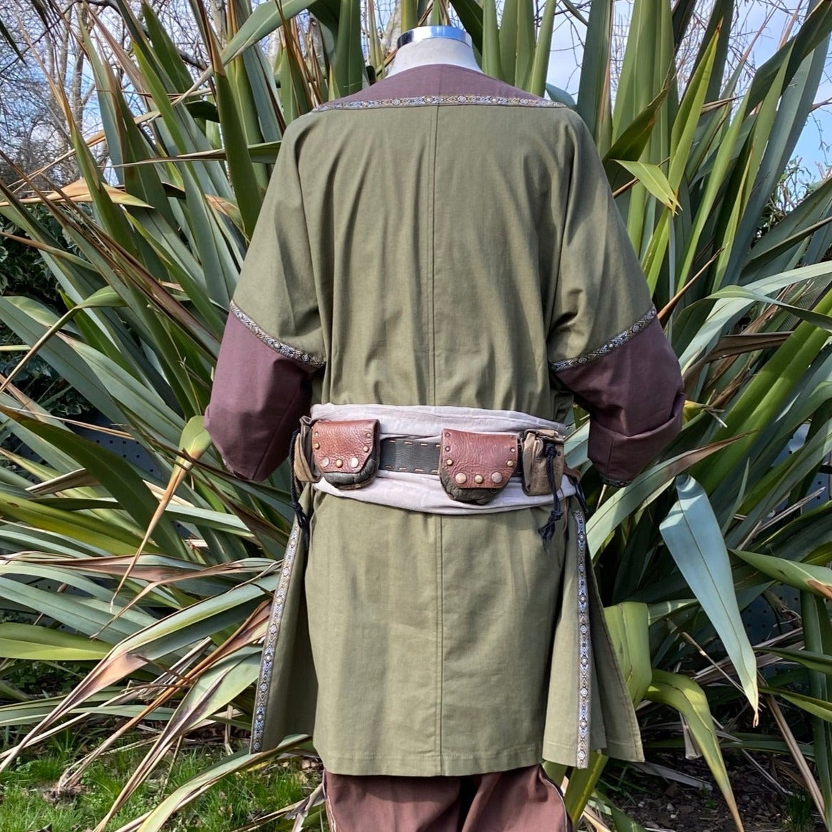 Back view of LARP tunic, dual-tone green-brown with belt and pouches.
