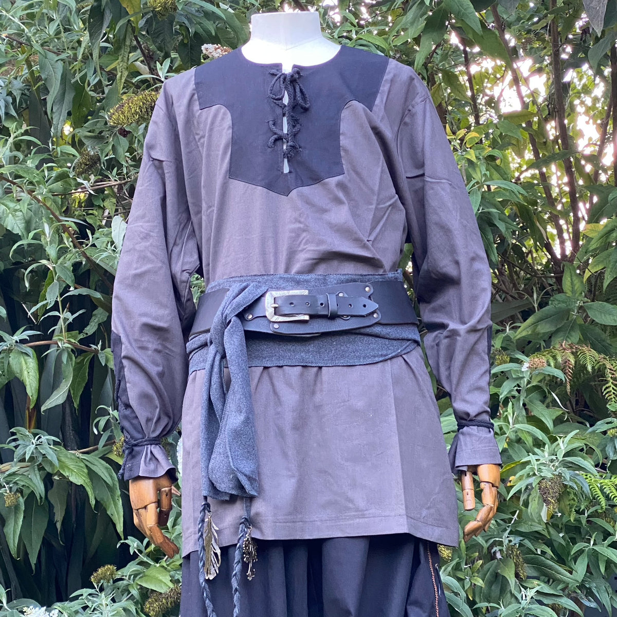 LARP medieval costume with grey robe, black accents, belt, and sash, front view.