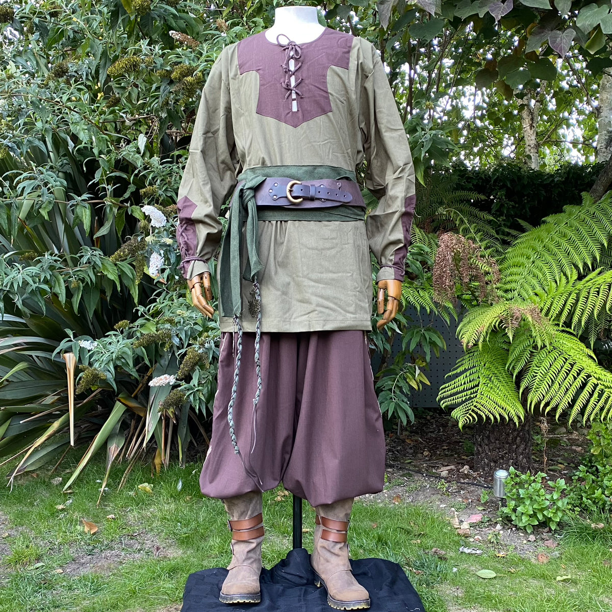 LARP medieval druid costume set, olive jacket, brown trousers, front view.