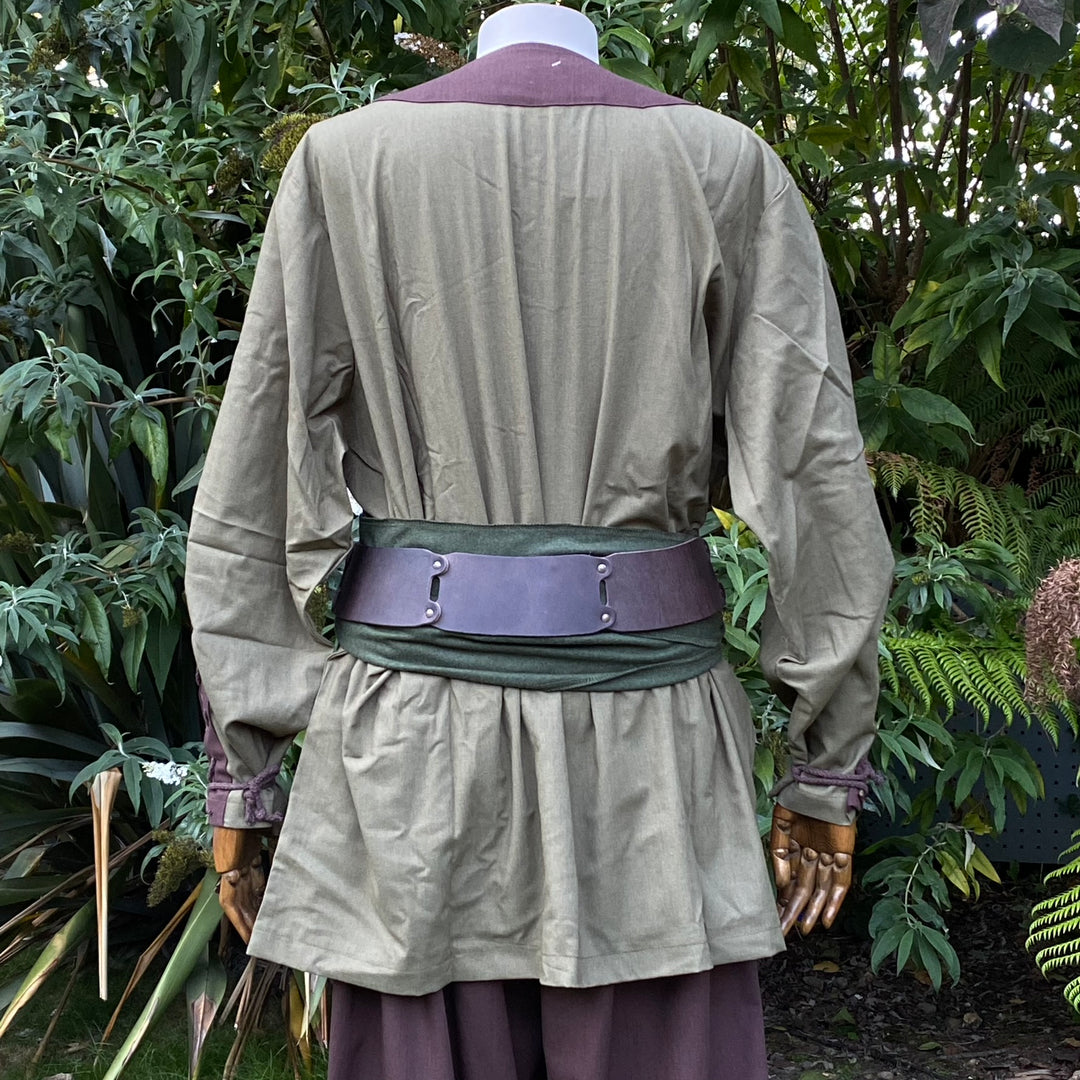 Green and brown medieval LARP outfit with sash, rear view, fabric shown.