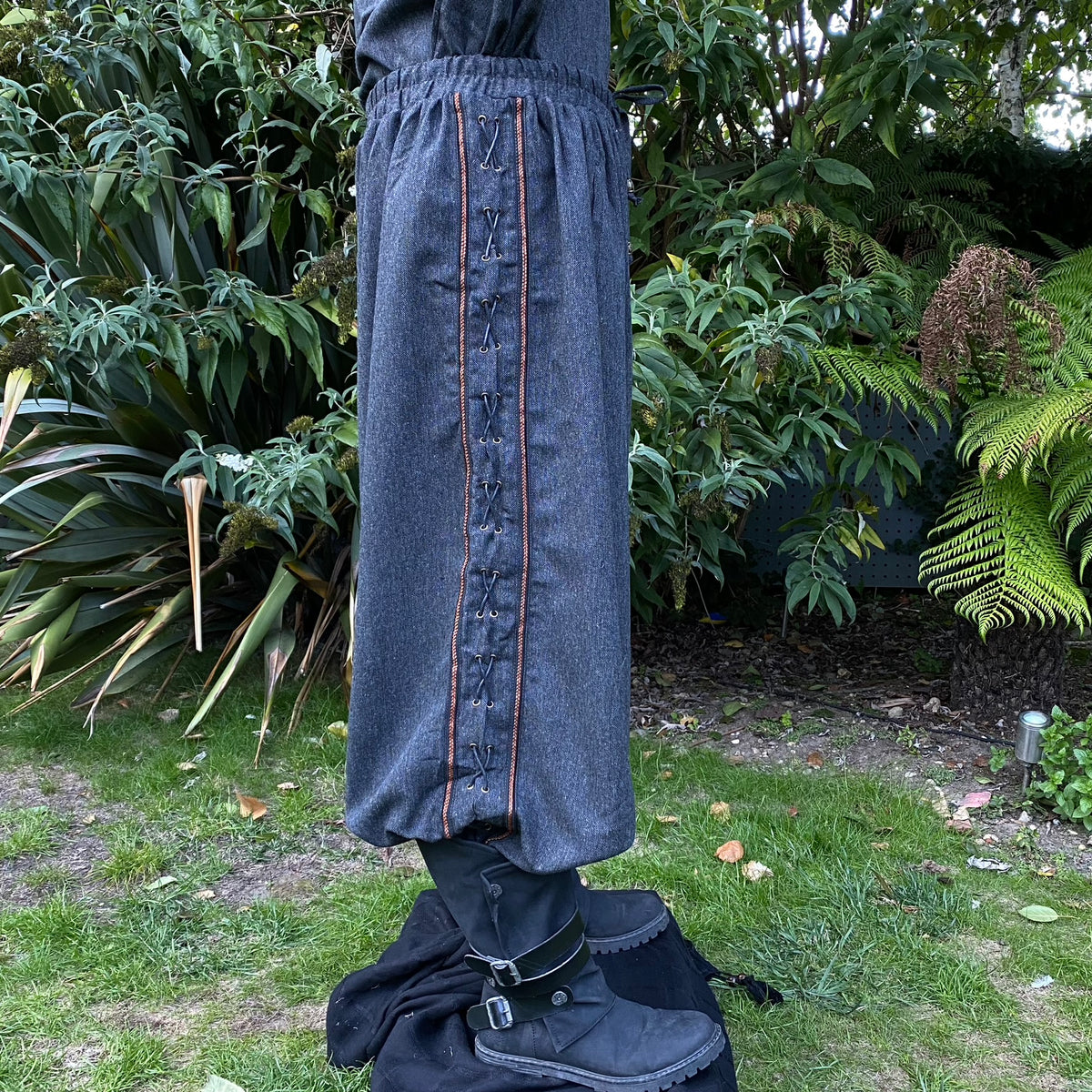 Grey wool hero pants with side lace detail for LARP.
